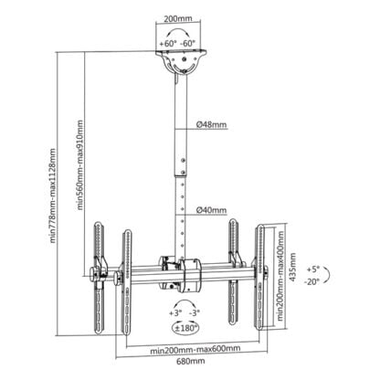 Kahden näytön kattoteline 37″ – 70″ 560-910 mm 5