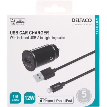 Deltaco USB-C – Lightning -autolaturi 12 W musta 6