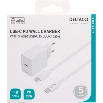 Deltaco USB-C PD -seinälaturi 20 W valkoinen 8